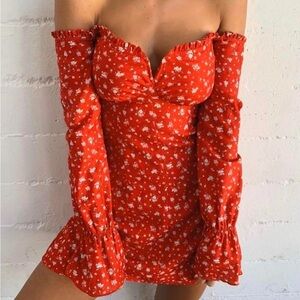 Tiger Mist Red Floral Off-Shoulder Dress Baby Doll Y2K Mini Long Sleeve: XS